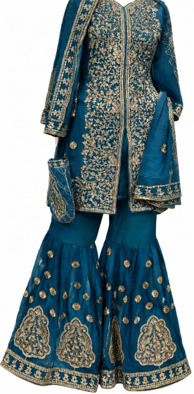 iShopping - Teal Blue Heavy Embroidered Sharara Suit with Matching Handbag - 3 Piece Party Wear ready to wear 