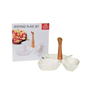 Easy Shop 3 Partition Ceramic Dish With Wooden Handling White Easy Shop 3 Partition Ceramic Dish With Wooden Handling White