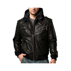 Toor Traders Leather Motorcycle Jacket Men with Removable Hood Black Toor Traders Leather Motorcycle Jacket Men with Removable Hood Black