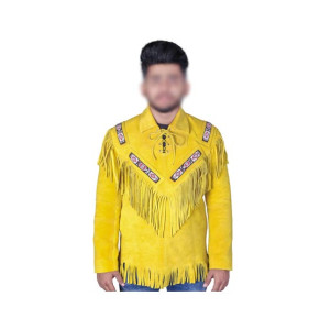 Toor Traders Handmade Fringe Leather Jacket For Men - Yellow