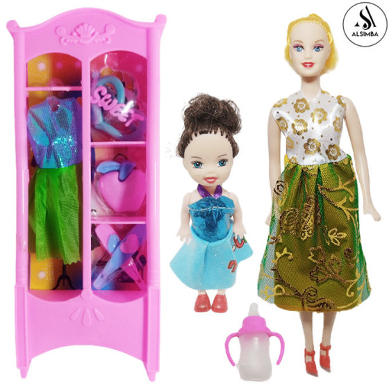iShopping - Alsimba 9 Pcs Dress Up Set Barbie Doll With Baby Doll & Feeder With Closet Toy