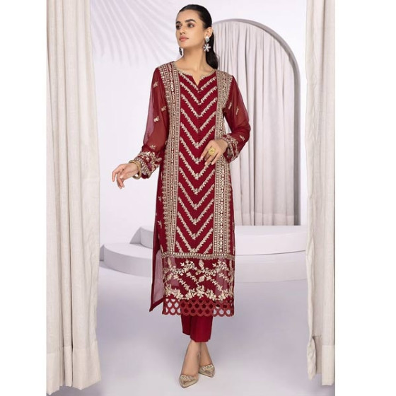 iShopping - Azure Sangria Chiffon Festive Unstitched 2 Piece Suit Red (SGAZK175)