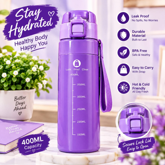 iShopping - Stylish Water Bottle with Lock Lid & Strap - 400ml