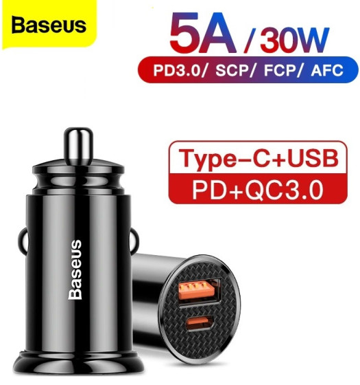 iShopping - BASEUS 30W Dual Ports PD + QC USB Fast Charging Car Charger - Black