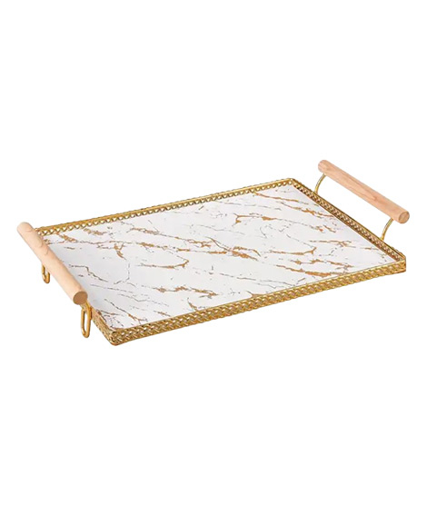 iShopping - Easy Shop Frame Glass Serving Tray With Golden Metal Handle-White