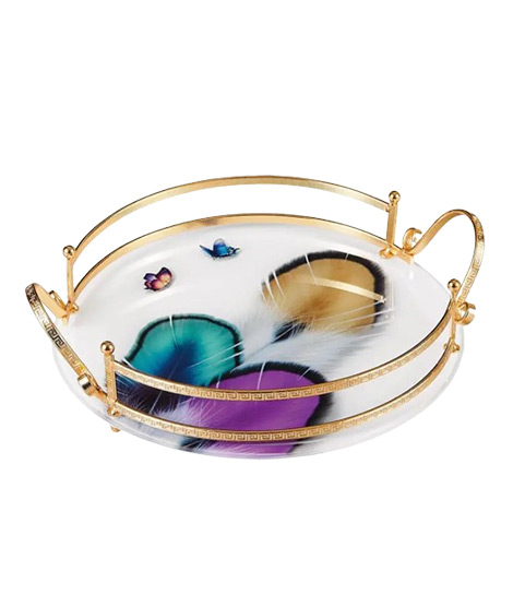 iShopping - Easy Shop Fringe Frame Round Glass Serving Tray With Golden Metal Handle-Purple
