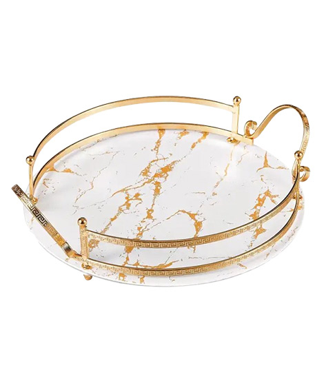 iShopping - Easy Shop Fringe Frame Round Glass Serving Tray With Golden Metal Handle-Gold
