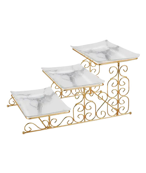 iShopping - Easy Shop Three Floor Glass Serving Dish Set with Golden Stand-White