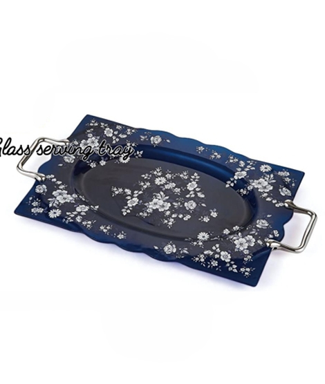 iShopping - Easy Shop 15” Flower Serving Tray With Steel Handle Blue (1444)