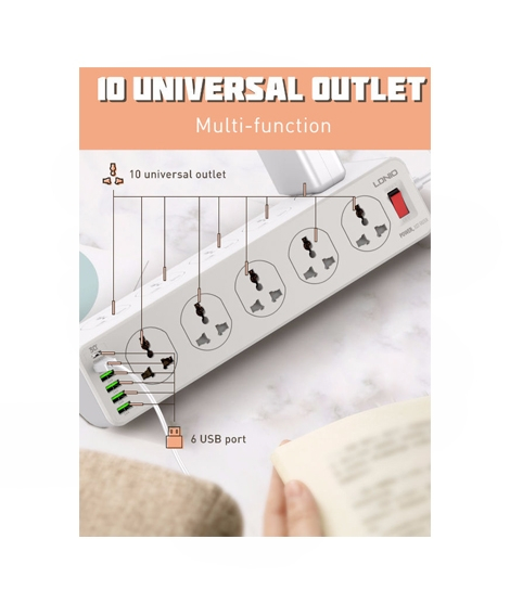 iShopping - Ldnio 6 Ports USB Charger With 10 Universal Socket (SC10610)