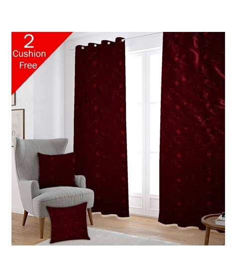iShopping - Maguari Taffeta Embriodery Curtain With Cushion Cover 2 Pcs Maroon