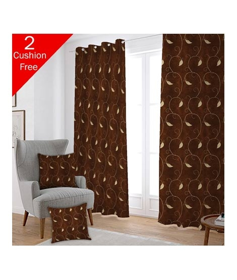 iShopping - Maguari Taffeta Embriodery Curtain With Cushion Cover 2 Pcs Brown Leafs