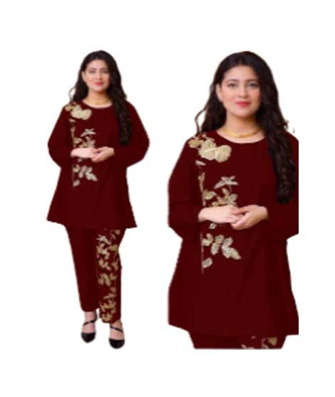 iShopping - ZamZam Embroidery Linen Suit For Women - 2PC-Mehroon