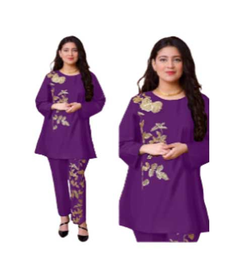 iShopping - ZamZam Embroidery Linen Suit For Women - 2PC-Purple