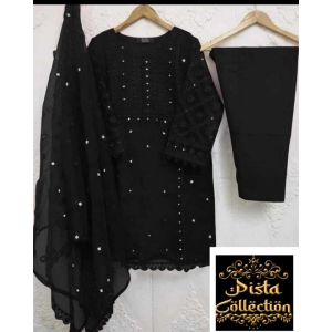 Pista Collection 3pcs Embroidery Shirt Attached &amp; Embroidered Dupatta-Black