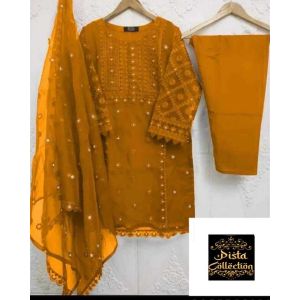 Pista Collection 3pcs Embroidery Shirt Attached &amp; Embroidered Dupatta-Mustard