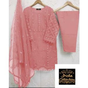 Pista Collection 3pcs Embroidery Shirt Attached &amp; Embroidered Dupatta-Peach