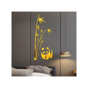 LookNBuy 3D Mirror Panda Bamboo Acrylic Wall Stickers Art (0091)-Golden