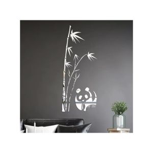 LookNBuy 3D Mirror Panda Bamboo Acrylic Wall Stickers Art (0091)-Silver