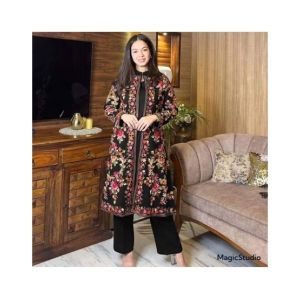 Pista Collection Embroidered Gown With Sleeveless Inner And Trouser 3 Piece Suit For Women - One Size-Just Black