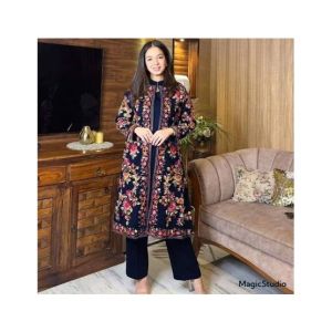 Pista Collection Embroidered Gown With Sleeveless Inner And Trouser 3 Piece Suit For Women - One Size-Navy Blue