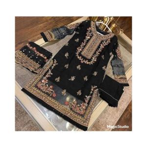 Pista Collection Embroidery with Embroidered Dupatta 3 Piece Suit For Women - One Size-Just Black