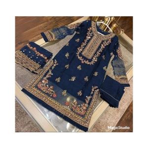 Pista Collection Embroidery with Embroidered Dupatta 3 Piece Suit For Women - One Size-Navy Blue