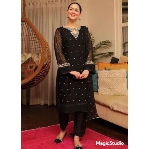 Pista Collection Embroidered Design Dupatta 3 Piece Suit For Women - One Size-Black