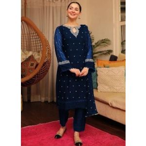 Pista Collection Embroidered Design Dupatta 3 Piece Suit For Women - One Size-Navy Blue