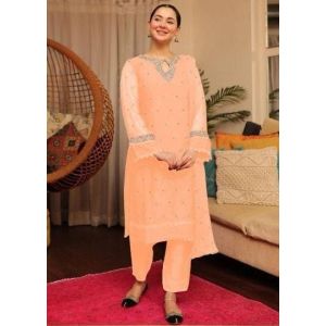 Pista Collection Embroidered Design Dupatta 3 Piece Suit For Women - One Size-Peach