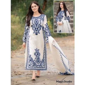 Pista Collection Embroidery Shirt and Dupatta 3 Piece Suit For Women - One Size-Blue
