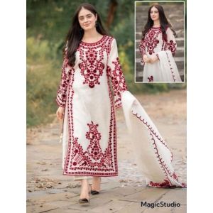 Pista Collection Embroidery Shirt and Dupatta 3 Piece Suit For Women - One Size-Red