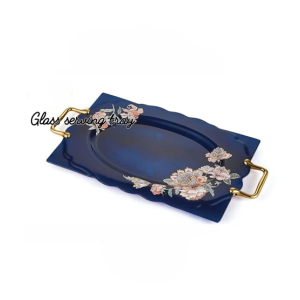 Easy Shop 17” Glass Serving Tray With Steel Handle Blue