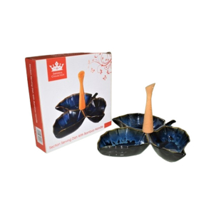 Easy Shop 3 Partition Ceramic Dish With Wooden Handling Black