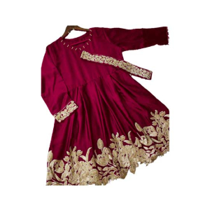 ZamZam Embroided Silk Belt Frock (Ac-64)-Maroon