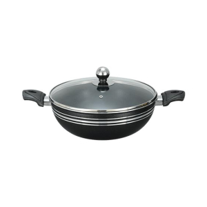 King Bazar Two Side Handles Non Stick Wok With Glass Lid Black 30 cm