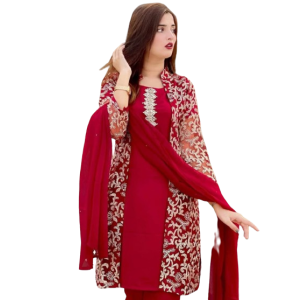Rg Shop Embroided Inner, &amp; Trouser 3Piece Suit.-Red