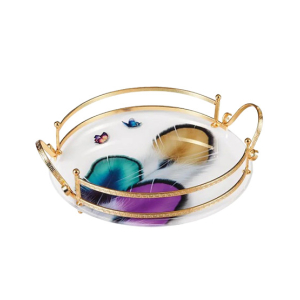 Easy Shop Fringe Frame Round Glass Serving Tray With Golden Metal Handle-Purple