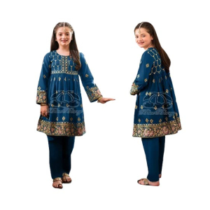 Rg Shop Screen Printed Frock for Girls-Blue