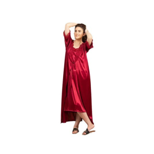 MBN Textile Ladies Silk Nighty Maroon - 2 Pcs