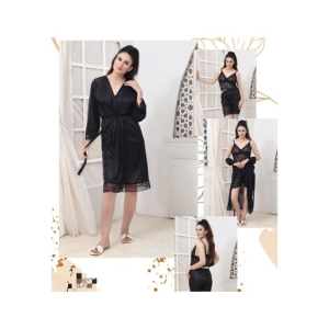 MBN Textile Ladies Silk Black Nighty - 3 Pcs