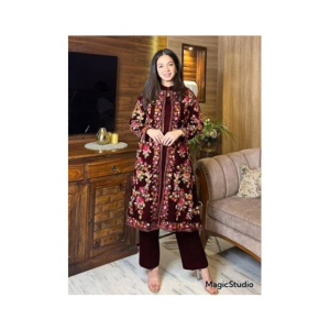 Pista Collection Embroidered Gown With Sleeveless Inner And Trouser 3 Piece Suit For Women - One Size-Maroon