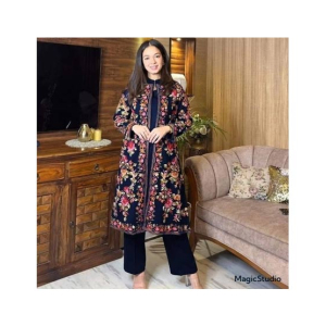 Pista Collection Embroidered Gown With Sleeveless Inner And Trouser 3 Piece Suit For Women - One Size-Navy Blue
