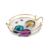 Easy Shop Fringe Frame Round Glass Serving Tray With Golden Metal Handle-Purple