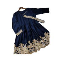 ZamZam Embroided Silk Belt Frock (Ac-64)-Dark Blue