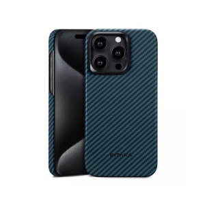 Pitaka Aramid Fiber Fusion MagEZ Case For iPhone 15 Pro Max - Black/Blue Twill