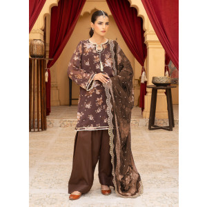 Ahlam Cocoa & Zari Embroidered Printed Silk Suit 3-piece