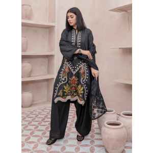 Ahlam Crimson Blossom Embroidery Raw Silk Suit 3-piece