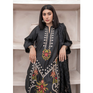 Ahlam Crimson Blossom Embroidery Raw Silk Suit 3-piece