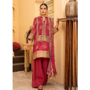 Ahlam Crimson Dahlia Embroidered Printed Silk Suit 3-piece
